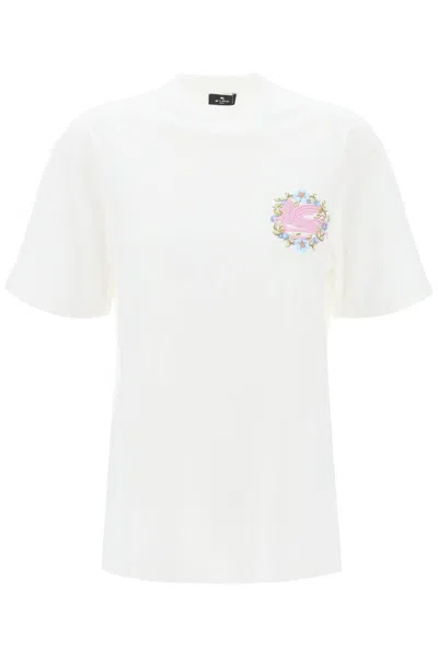 Etro Floral Pegasus Embroidered Cotton T-shirt For Women In White