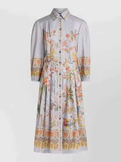 Etro Floral Pleated Shirt Midi Dress Long Sleeves In Gray