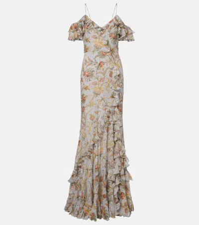 Etro Floral Polka-dot Ruffled Silk-blend Maxi Dress In Multi
