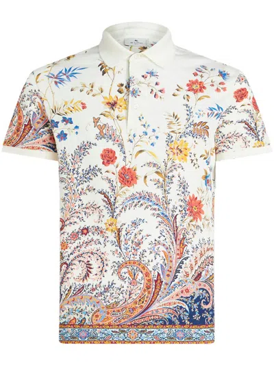 Etro Floral Paisley-print Cotton Polo Shirt In White