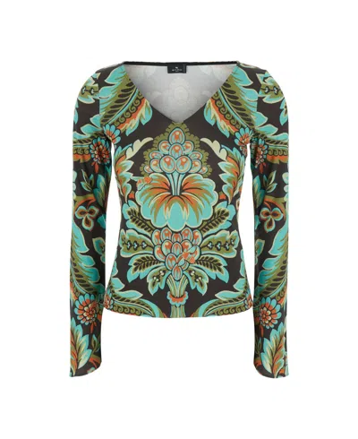 Etro Floral Print Bell Sleeve T Shirt In Green