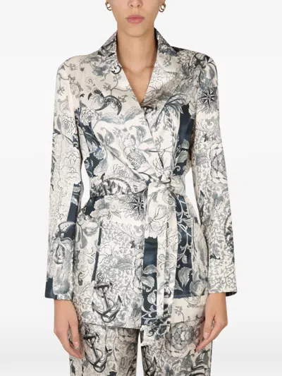 Etro Floral Print Belted Jacket In Gray