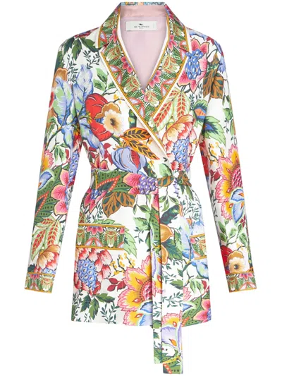 Etro Floral Silk Twill Belted Blazer In Multicolor