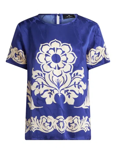 Etro Floral Print Satin Round Neck T-shirt In Blue