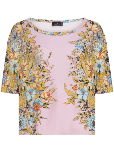 Etro Floral-print Boat-neck T-shirt In Pink