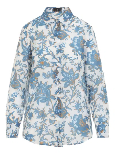 Etro Floral Collared Shirt Long Sleeves Cuffs In Blue