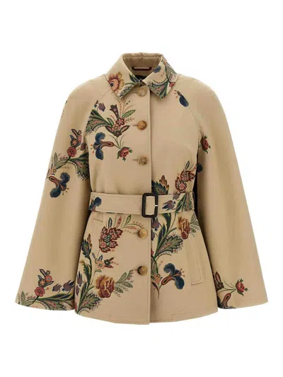 Etro Floral Print Cape Trench Coat In Brown
