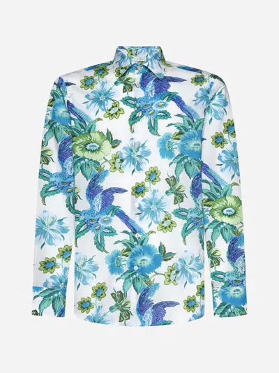 Etro Floral Print Cotton Shirt In White,blue