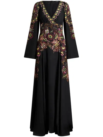 Etro Floral-print Crepe De Chine Dress In Black