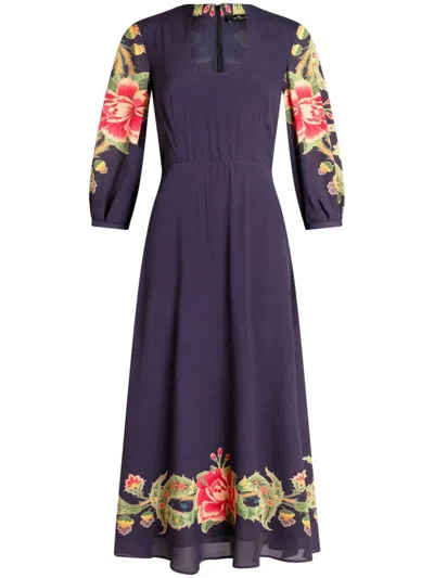 Etro Floral-print Crepe-de-chine Dress In Navyblau
