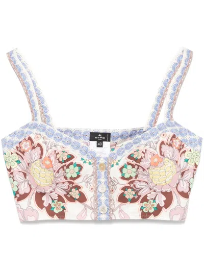 Etro Cropped Floral-print Cotton-poplin Top In Neutrals