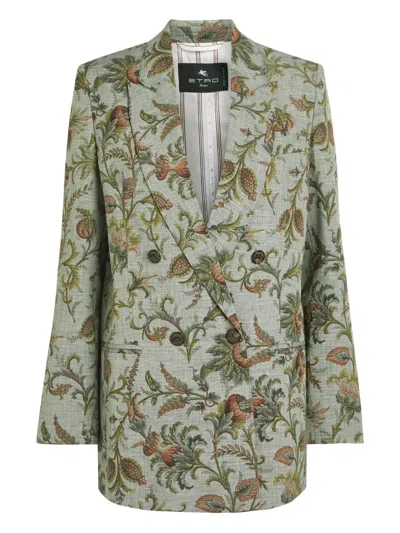 Etro Floral Print Double-breasted Jacket In Green