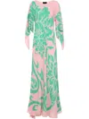 Etro Multicolor Long Dress With Round Neck And All-over Floral Print In Viscose Woman In Green