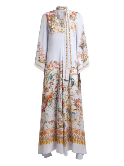 Etro Long Silk Dress With Silk Scarf And Placed Flora And Fauna Print In Multi