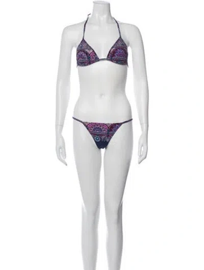 Pre-owned Etro Floral Print Eyelet Trim Bikini In Blue