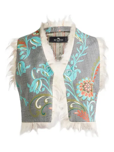 Etro Floral-print Fringed Waistcoat In Gray