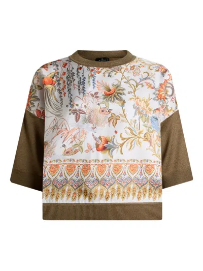 Etro Floral-print Inserted Knit Top In Brown