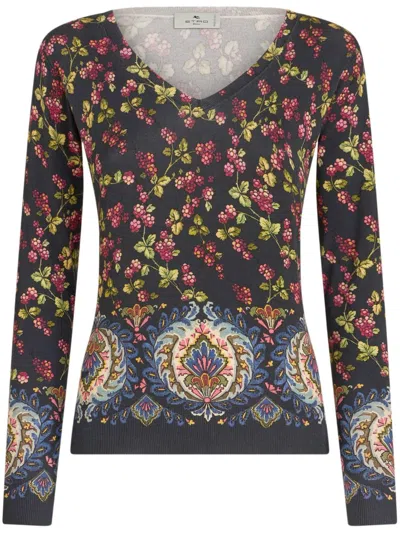 Etro Floral-print Knitted Top In Black