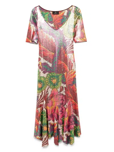 Etro Floral-print Laminated Midi Dress In Green