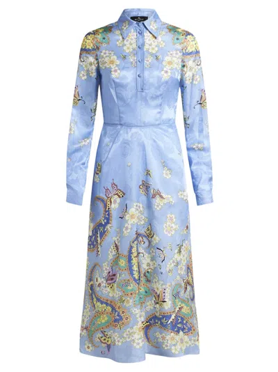 Etro Floral Print Light Blue Midi Shirtdress With Cinched Waist In Clear Blue