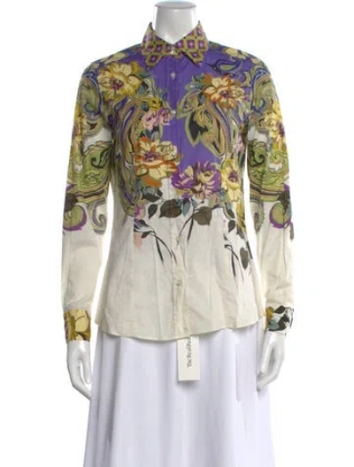 Pre-owned Etro Floral Print Long Sleeve Blouse In White