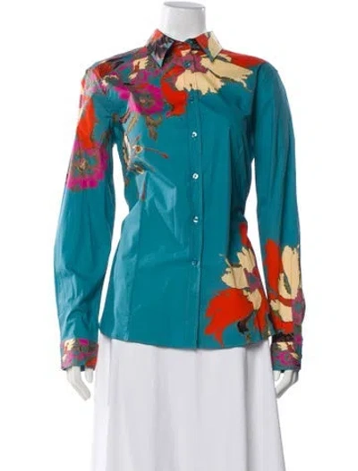 Pre-owned Etro Floral Print Long Sleeve Button-up Top In Blue