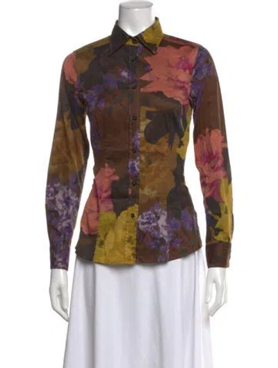 Pre-owned Etro Floral Print Long Sleeve Button-up Top In Brown