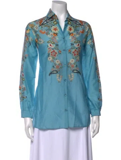 Pre-owned Etro Floral Print Long Sleeve Button-up Top W/ Tags In Blue