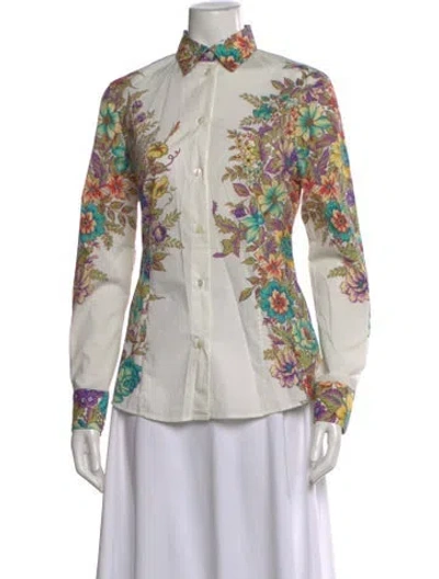 Pre-owned Etro Floral Print Long Sleeve Button-up Top In White