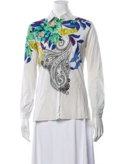Pre-owned Etro Floral Print Long Sleeve Button-up Top In White