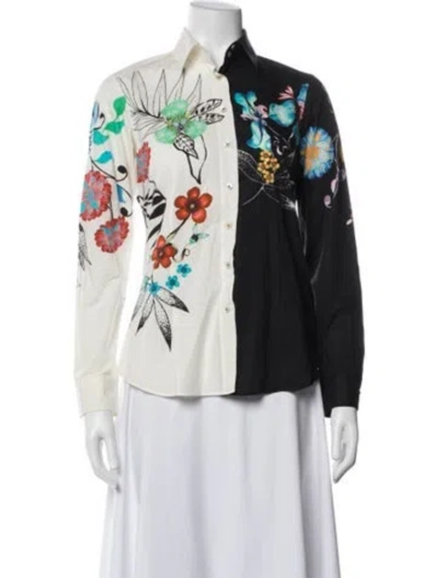 Pre-owned Etro Floral Print Long Sleeve Button-up Top In White