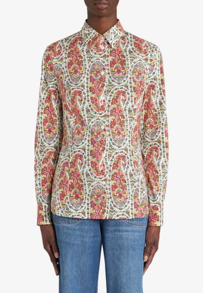 Etro Women's Floral Paisley Stretch Cotton Shirt In Neutral