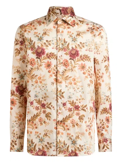 Etro Cotton Shirt With All-over Floral Print In Brown