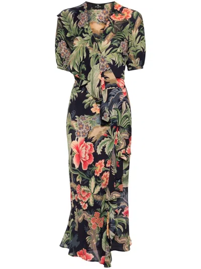 Etro Floral-print Midi Dress In Blue