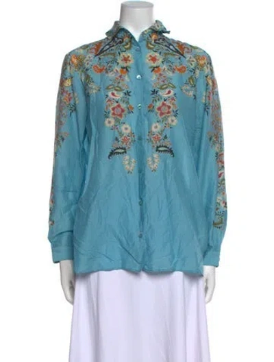 Pre-owned Etro Floral Print Mock Neck Blouse In Blue