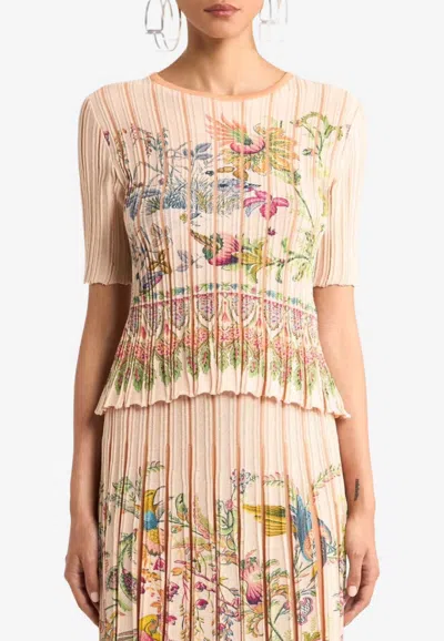 Etro Floral Print Pleated Knit Top In Brown