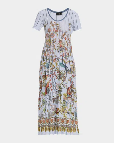 Etro Floral-print Pleated Short-sleeve Midi Dress In Multi