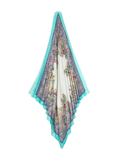 Etro Floral-print Pleated Silk Scarf In Blue