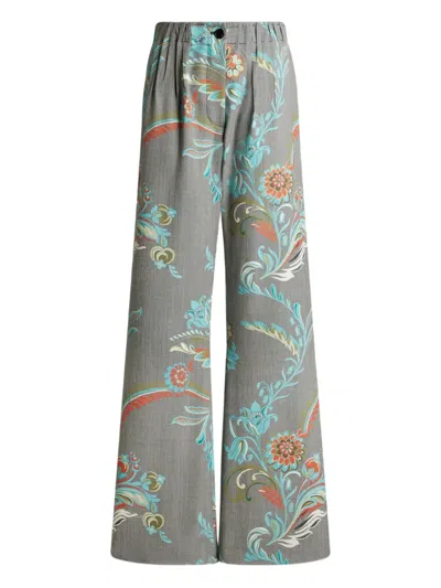 Etro Floral-print Pleated Trousers In Gray