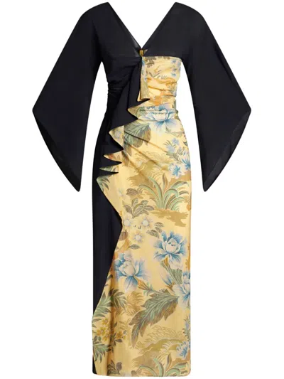 Etro , Midi Dress With Placed Floral Print, Woman, Yellow, Size 48