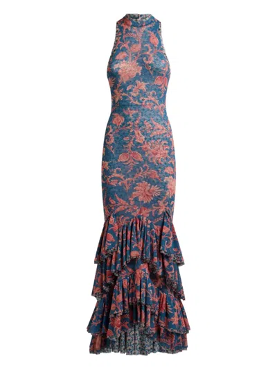 Etro Stretch Tulle Long Dress With Floral Motif In Multi