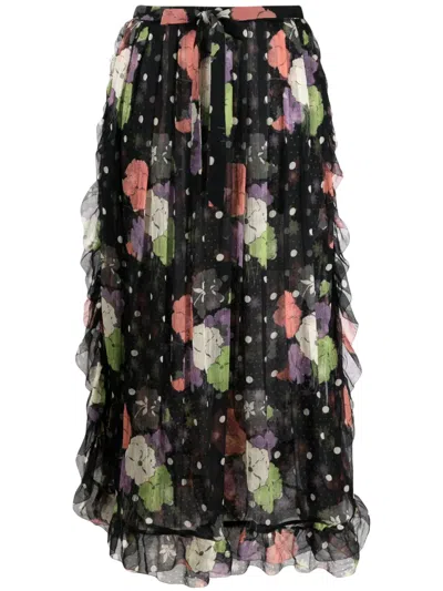 Etro Silk Floral Polka-dot Midi Skirt In Black