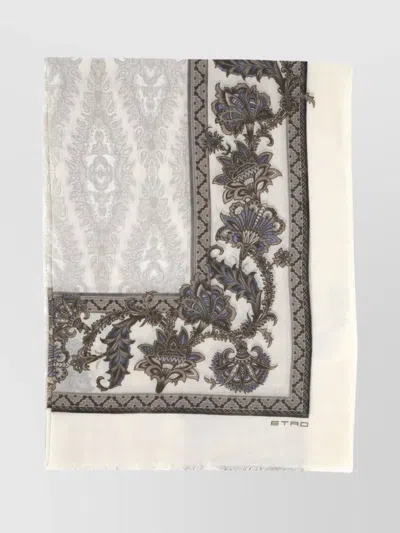 Etro Floral Print Scarf Frayed Edges In White