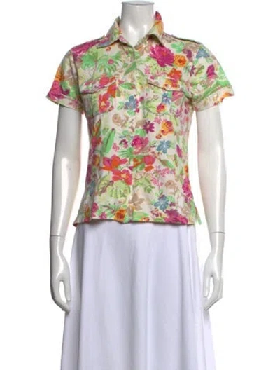 Pre-owned Etro Floral Print Short Sleeve Button-up Top In White