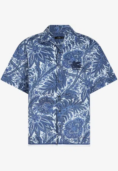 Etro Floral Print Short-sleeved Shirt In Blue