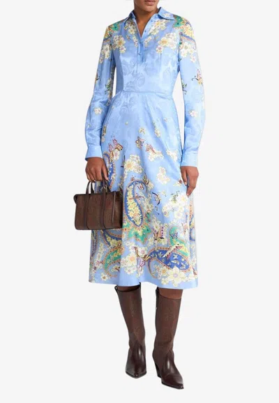 Etro Floral Print Silk-blend Midi Shirt Dress In Blue