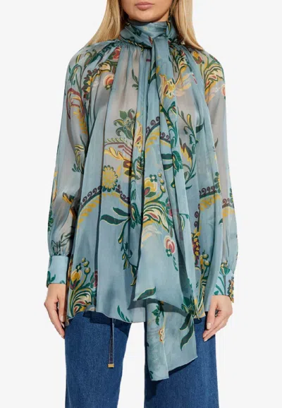 Etro Floral Print Silk Blouse In Blue