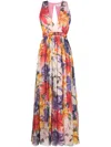 Etro Bold Floral-print Plunging Silk Maxi Dress In Multicolor