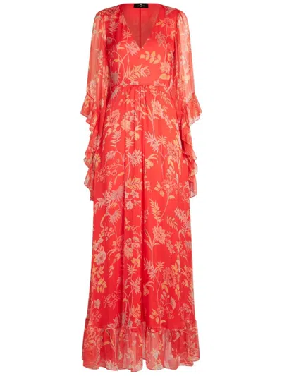 Etro Floral Silk Gown In Red