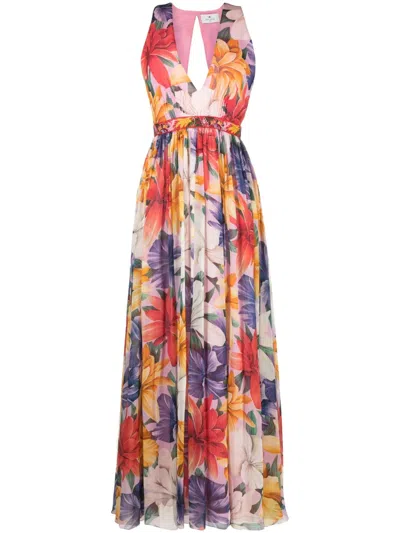Etro Bold Floral-print Plunging Silk Maxi Dress In Multi